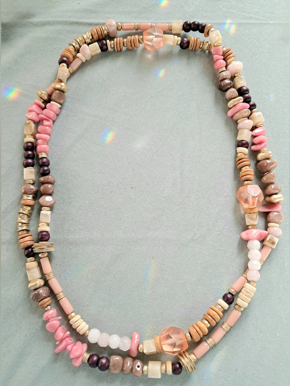 Vintage Boho Quartz & Wooden Beaded Pink & Brown Long Single Strand Necklace